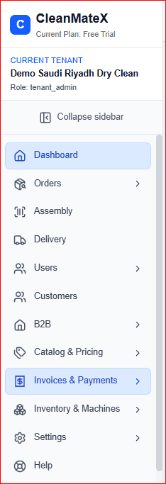 CleanMateX main menu dashboard